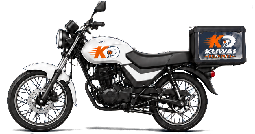 Kuwai Deliveries motorbike with branded delivery box